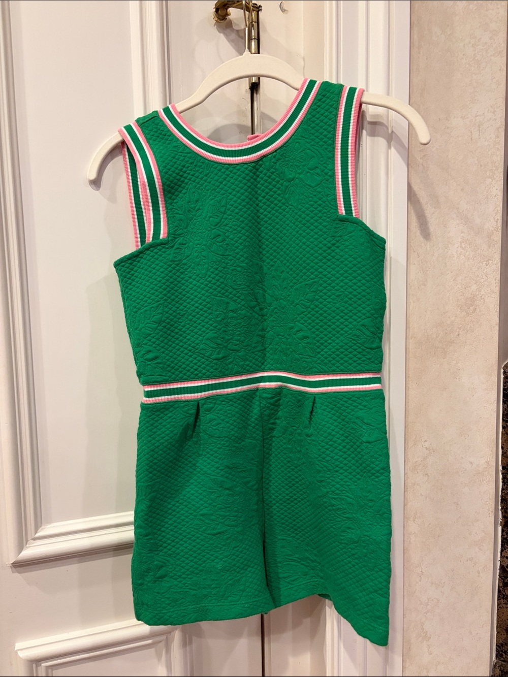 Green Romper with pink and white trim!